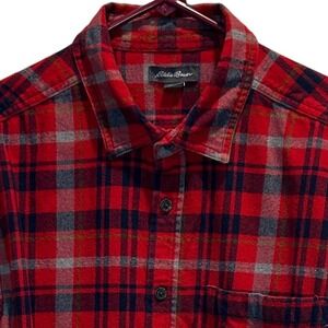 Eddie Bauer Mens Large Red Plaid Long Sleeve Button Down Flannel‎ Shirt Cotton